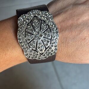 Silver Lucky-brand Embellished with stones.Brown Leather Bracelet